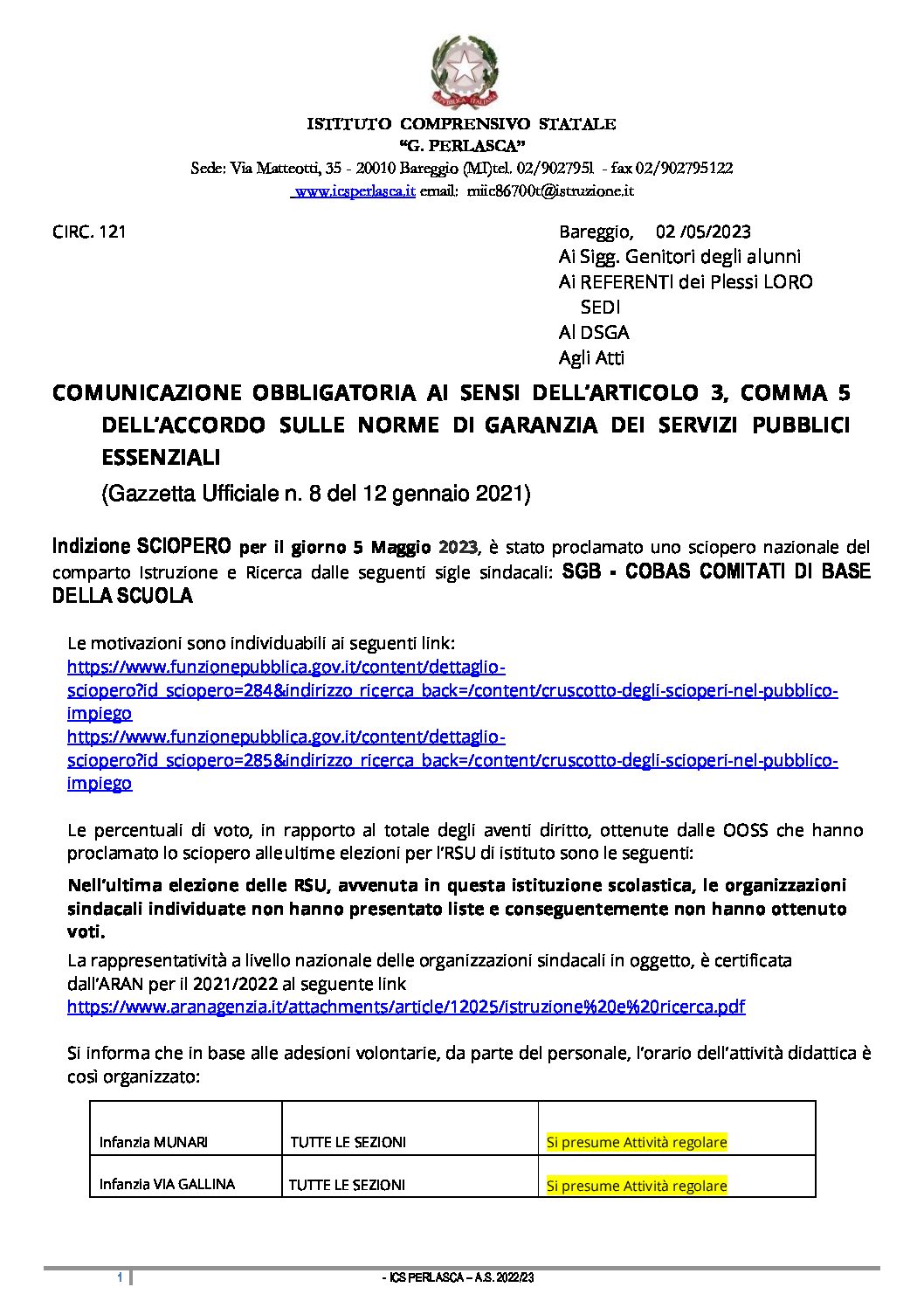 121 Circ. COMUNICAZIONE GENITORI SCIOPERO 05.05.23